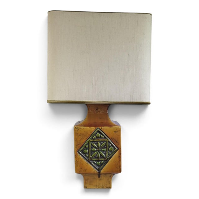 Mustard Yellow Glazed Ceramic Lamp with Floral Diamond Pattern, Vallauris, France, 1960s For Sale - Image 13 of 13