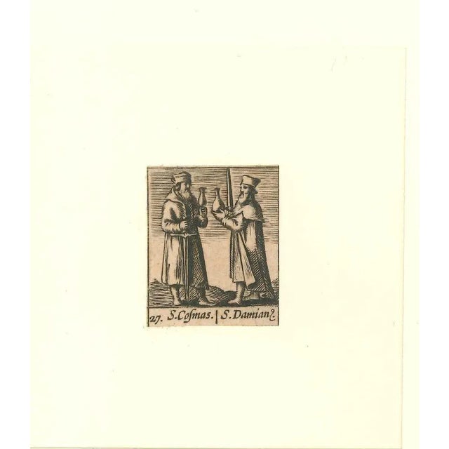 Saints Cosma et Damien is a precious and wonderful black and white etching, representing the saints, realized by...