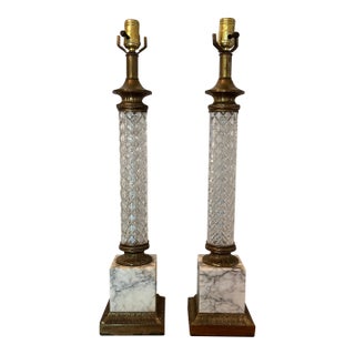 Vintage Neoclassical, Cut Crystal and Marble Column Lamps a Pair For Sale