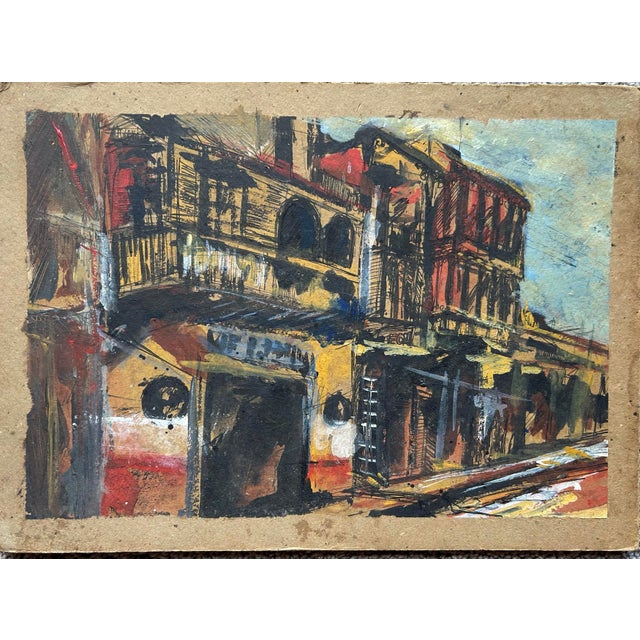 1970s Vintage Impressionist Painting on Board of City Street Scene For Sale - Image 5 of 6