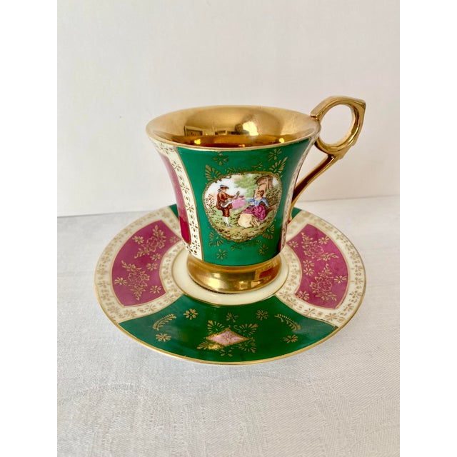 Brass Vintage Arnart Porcelain Royal Vienna Style Courting Couple Teacup & Saucer Set 55/516 Mint Condition For Sale - Image 8 of 11
