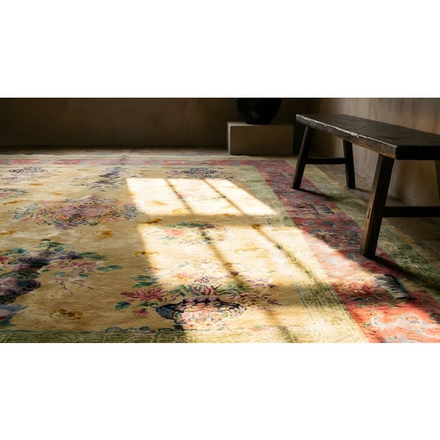 1920s Soft Yellow Field Antique Vase Floral Shou Symbols Chinese Art Deco Rug For Sale - Image 13 of 14