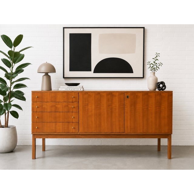 Mid Century Modern teak credenza sideboard featuring striking wood grains and a thoughtful layout. This elegant piece...