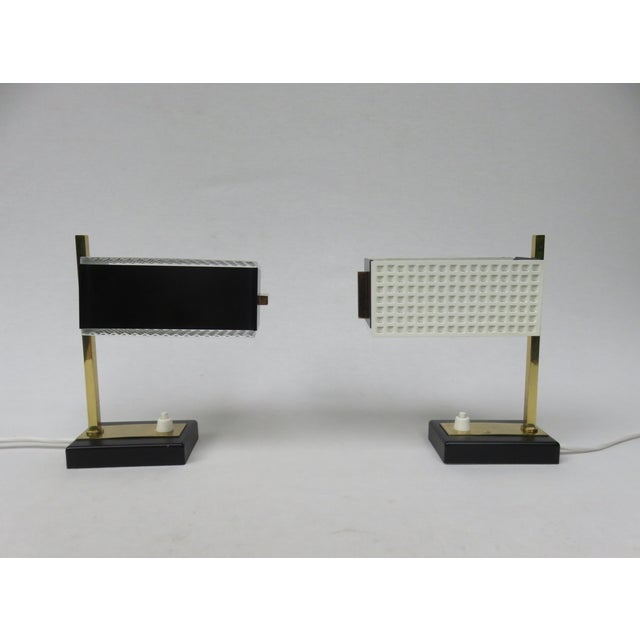 Small Mid-Century Brass, Black & White Bedside Table Lamps, 1950s, Set of 2 For Sale - Image 4 of 18