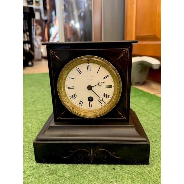 Metal 19th Century French Slate Stone Mantel Clock For Sale - Image 7 of 12