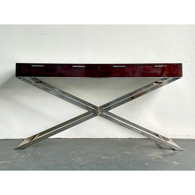 Maison Jansen Vintage Chrome and Wood Console Table With Brass Accents For Sale - Image 4 of 12