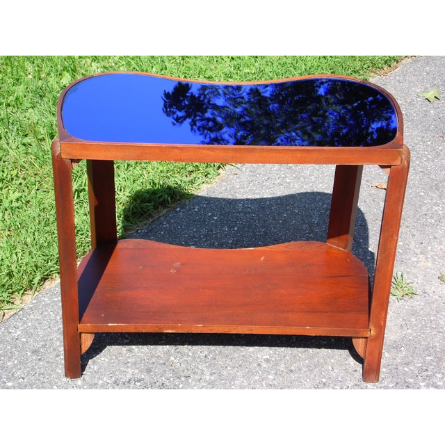 Vintage Art Deco Cobalt Blue Mirror Glass Side Table Walnut End Table