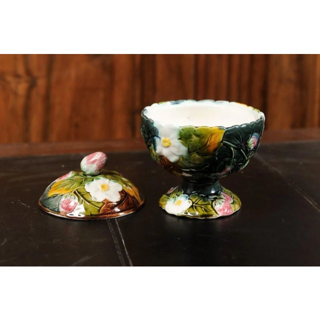 Mid 19th Century 19th Century French Lidded Majolica Strawberry Bowl with Flowers and Foliage For Sale - Image 5 of 13