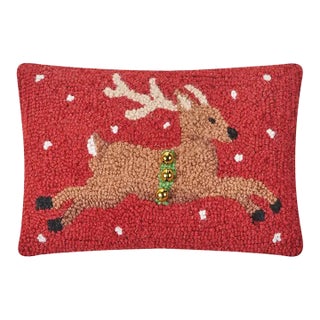 Reindeer With Bells Hooked Holiday Pillow For Sale