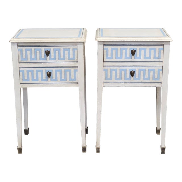 Vintage Mahogany Nightstands With Handpainted Greek Key Motif - A Pair For Sale