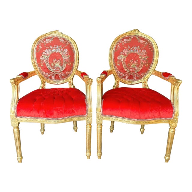 Tufted Chair Red French Rococo Style - Set of 2 For Sale