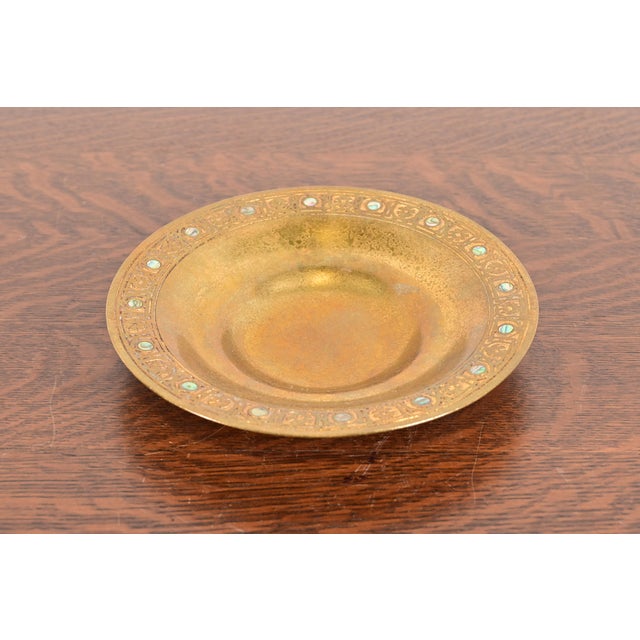A gorgeous Arts & Crafts or Art Deco period gilt bronze dish or shallow bowl with abalone inlay By Tiffany Studios (signed...