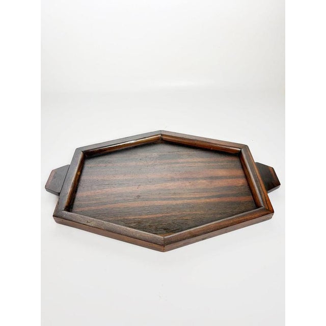 Elegant French wooden serving tray dating from the 1940s. The piece features a distinctive geometric multi-sided shape,...