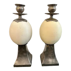 Ostrich Egg Mounted Silver Plate Candlesticks, Style of Anthony Redmile - A Pair