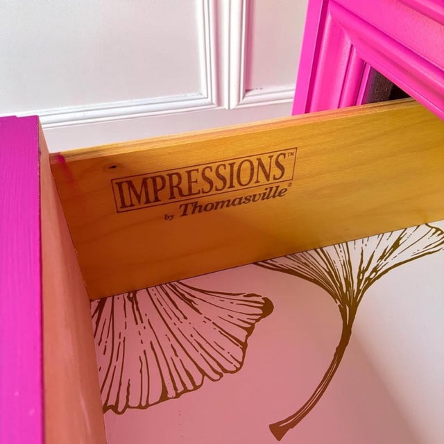 1980s Thomasville Impressions Pink Lingerie Chest | Hot Pink Tall Dresser | Hollywood Regency Chest | Glam Bedroom Storage | Wallpaper Drawers For Sale - Image 10 of 11