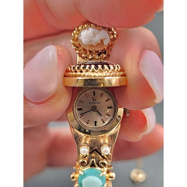 Metal 1950s 14k Yellow Gold Slide Charm Omega Gemstone Bracelet Watch For Sale - Image 7 of 16