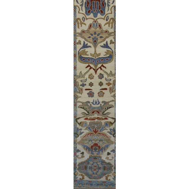 Islamic Afghan Sultanabad Wool 2.10x15 Light Blue, Ivory, Olive & Rust Handmade Runner Rug #1143657 For Sale - Image 3 of 3