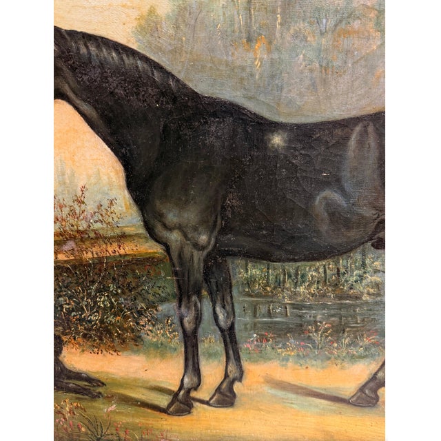 Early 19th Century Black Horse and Dog in British Countryside Landscape Oil Painting, Large Scale, 19th Century For Sale - Image 5 of 7