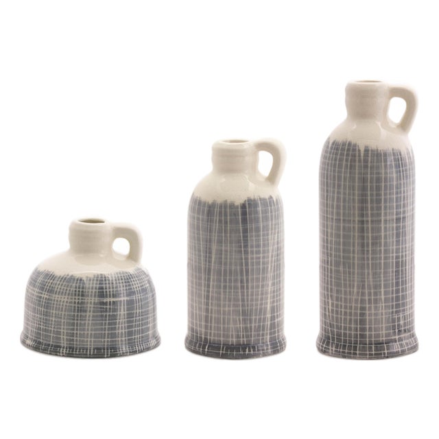 Terra Cotta Jug Vase with Navy Criss Cross Pattern (Set of 3) For Sale