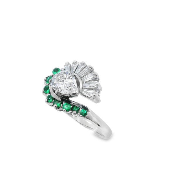 White 1950s 14k White Gold Pear Shaped Diamond and Emerald Ring With Gia Report Size 8.75 For Sale - Image 8 of 11