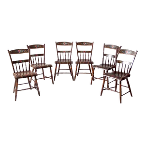Antique Set of 6 Painted Plank Seat Chairs