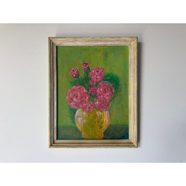 Charming Vintage Impressionist Still Life Oil Painting on Masonite, featuring a vibrant bouquet of pink florals arranged...