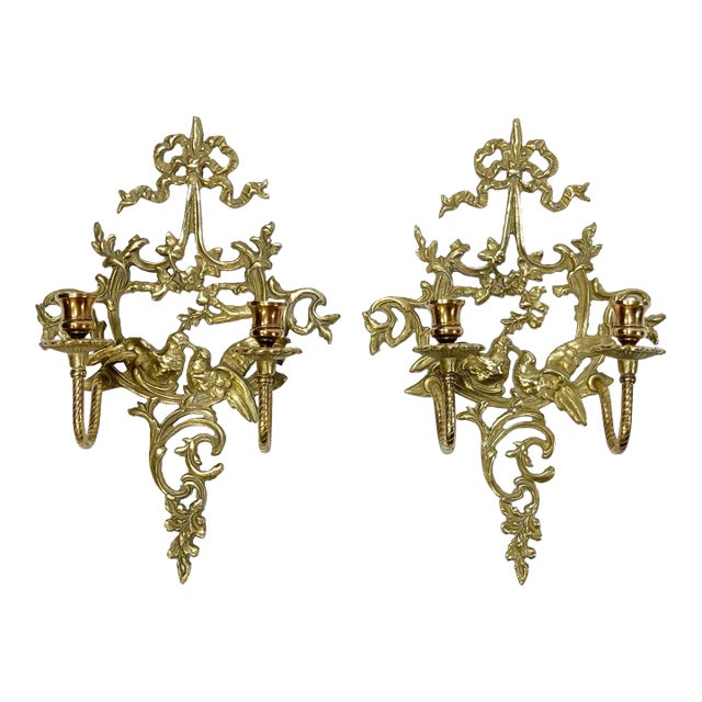 Vintage Brass Lovebird Wall Mount Candle Sconces, a Pair For Sale
