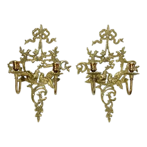 Vintage Brass Lovebird Wall Mount Candle Sconces, a Pair