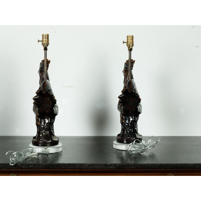 1940s French Pottery Rooster Table Lamp with Dark Brown Patina and Lucite Base - a Pair For Sale - Image 4 of 7