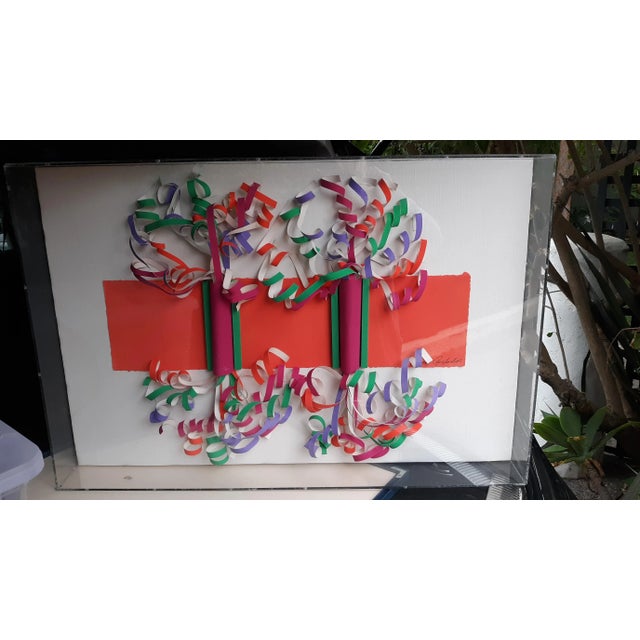 Greg Copeland 1988 3-D assemblage of multi layer of geometric cutout heavy paper in lucite shadow box frame. Form of...