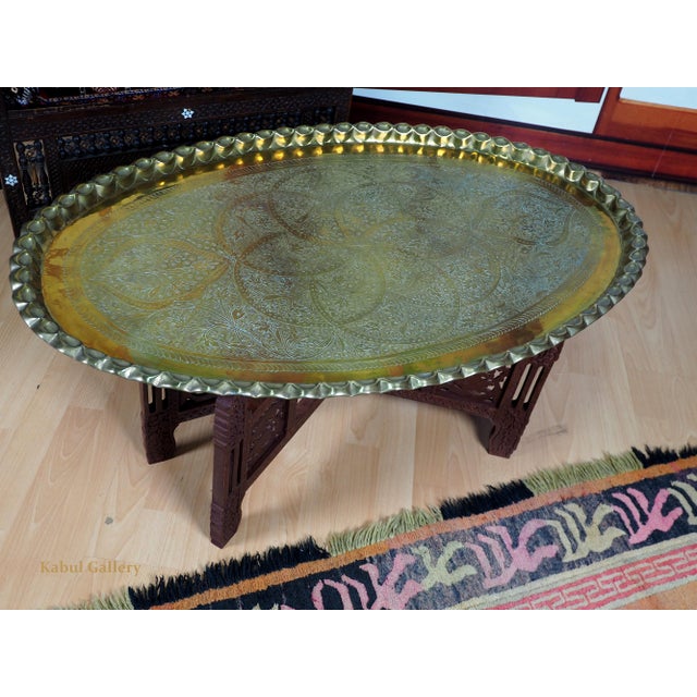 Wood Orient Arabic Engraved Table Tray in Brass, 1950s For Sale - Image 7 of 14