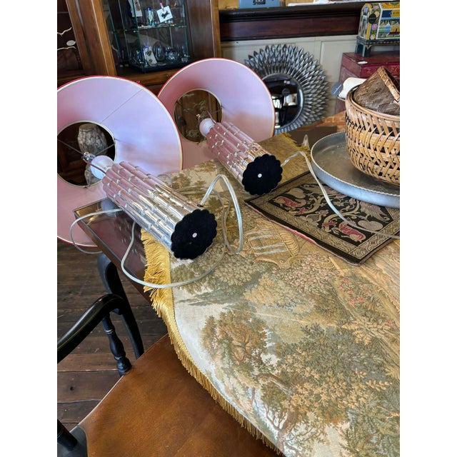 1960s Chrome Faux Bamboo Hollywood Regency Style Table Lamps With Red Shades - a Pair For Sale - Image 14 of 15