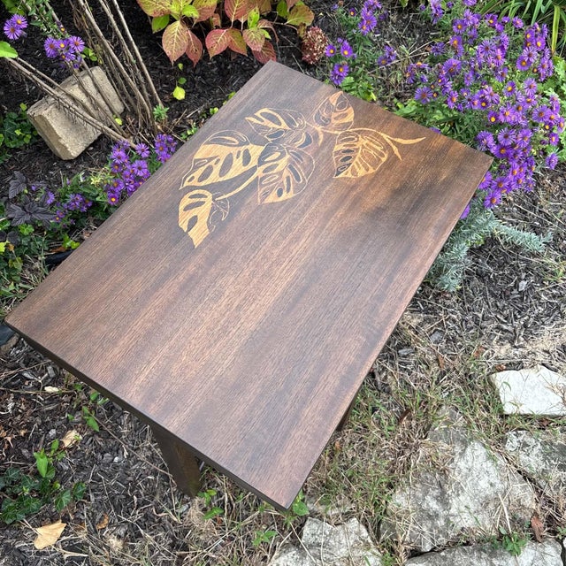 Brown Postmodern Accent Table With Stenciled Leaves For Sale - Image 8 of 11