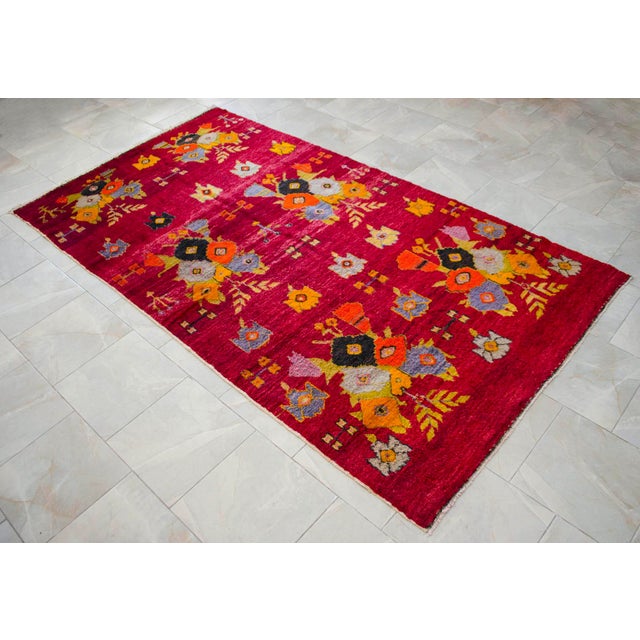 Textile Authentic 1940s Turkish Rug 5x10 Vibrant Red Mid Century Modern Organic Wool Carpet For Sale - Image 7 of 14