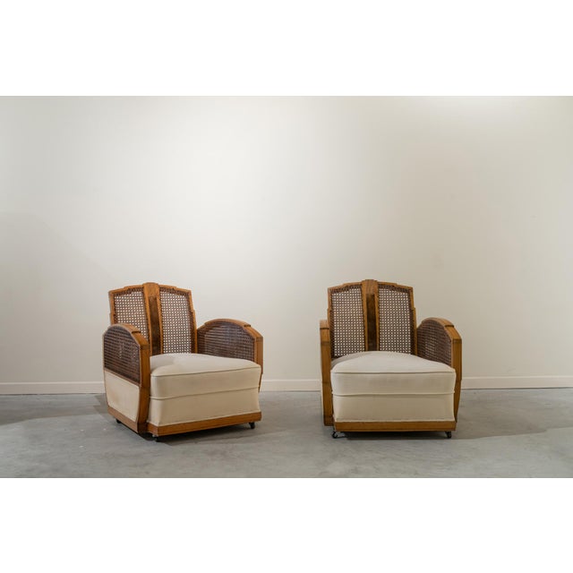 Art Deco Armchairs in Cane and Fabric, France, 1930s, Set of 2 For Sale - Image 12 of 12