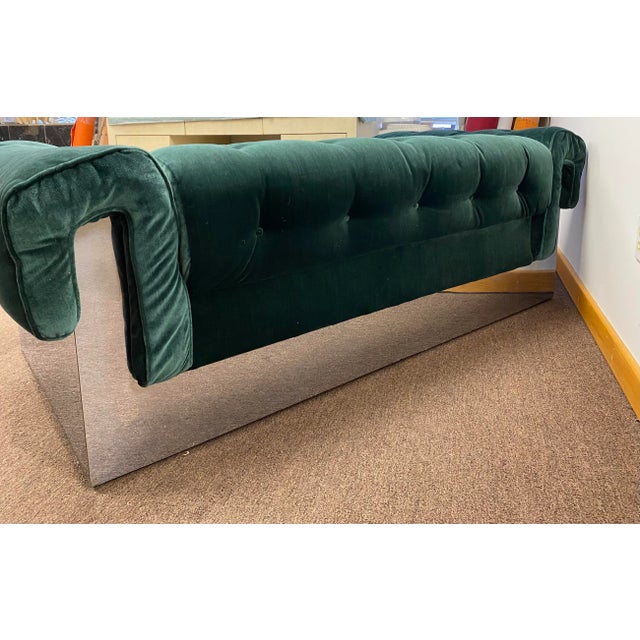 1970s Milo Baughman for Thayer Coggin Tufted Green Velvet & Chrome Wrapped Sofa For Sale - Image 9 of 11