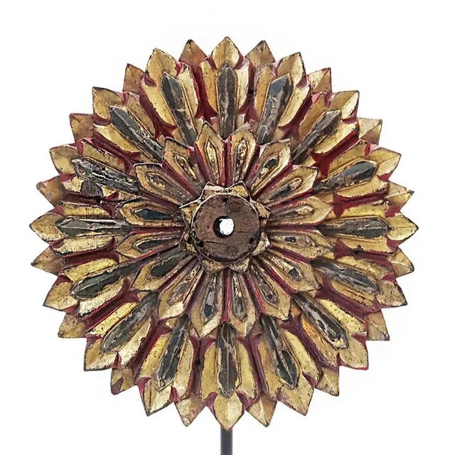Thai Flower Sculpture, early 20th Century. Hand-carved out of reclaimed teakwood and repurposed from wheel to flower...