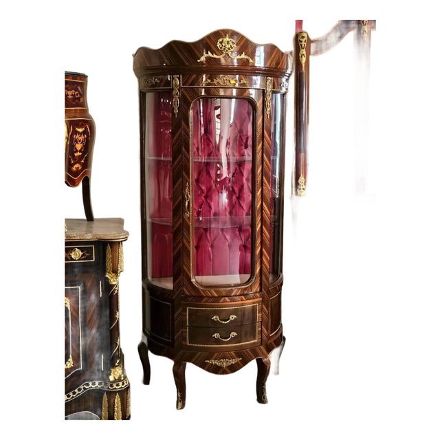 Curved Vitrine Cabinet With Tufted Velvet Interior, Gold Leaf & Bronze Details For Sale