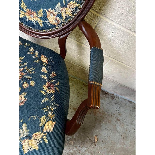 Brown Early 20th Century Antique Victorian Style Balloon Back Carved Mahogany Needlepoint Open Armchair For Sale - Image 8 of 10