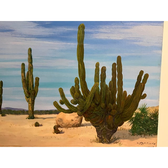 Textile Large Desert Landscape Painting by Becrio, 1990 – Monumental Cactus Scene, 40” X 30” For Sale - Image 7 of 12