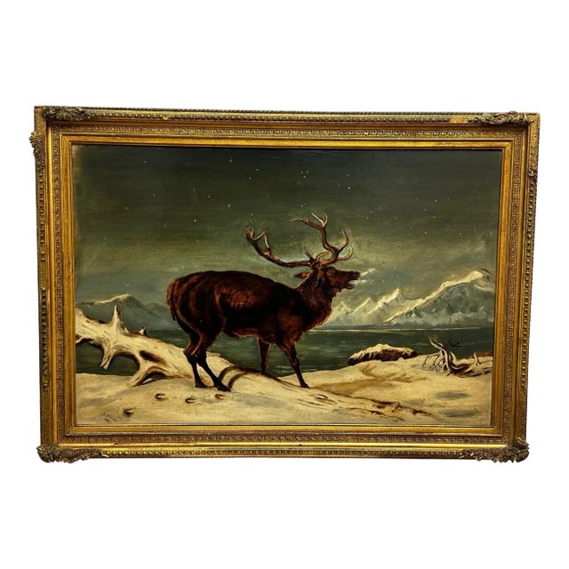 19th Century Oil Painting Winter Monarch of Glen Stag Deer Starlit Sky Highlands Loch Fyne For Sale