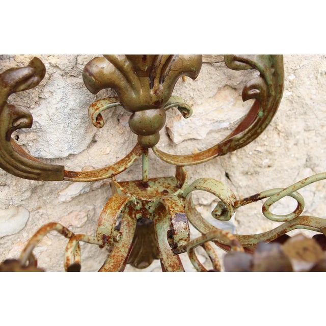Antique French Chateau Fleur De Lis Wrought Iron Threerm Wall Sconces - a Pair For Sale - Image 12 of 13