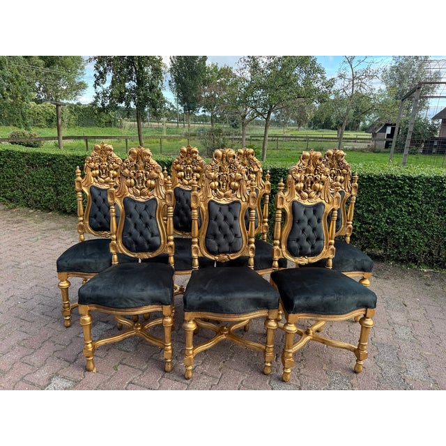 Wood 1900 Italian Baroque Rococo Gilded Beech Black Velvet Chairs - Set of 7 For Sale - Image 7 of 18