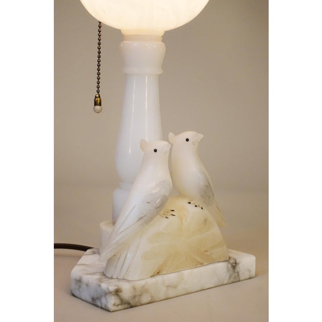 Art Deco 1930s Art Deco Carved Alabaster Marble Two Love Birds Sculpture FairyTable Lamp Italy For Sale - Image 3 of 14