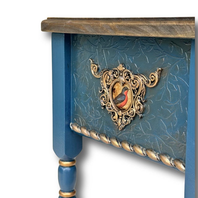 Hand-Painted Blue Birds Console Table – Solid Wood Entryway Accent Furniture For Sale - Image 9 of 12