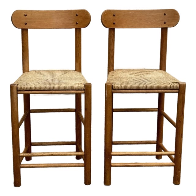 Late 20th Century Pair of Rush Seat Wood Bar Stools For Sale