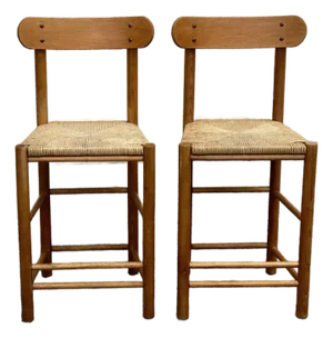 Late 20th Century Pair of Rush Seat Wood Bar Stools