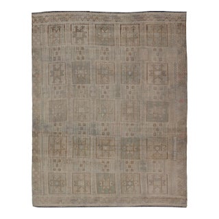 Vintage Turkish Embroidered Square Designed Kilim in Tan, Cream, and Light Green For Sale