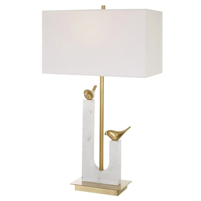The Songbirds Table Lamp Displays Two Cast Brass Birds Counterpoised On A White Marble Sling Atop A Brushed Brass Plated...