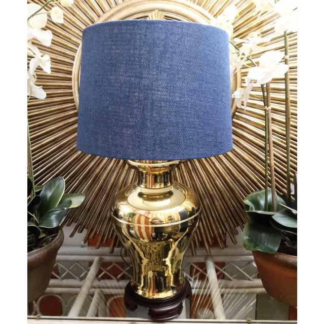 Vintage Brass Ginger Jar Style Table Lamp W/Navy Blue Linen Shade For Sale In West Palm - Image 6 of 6